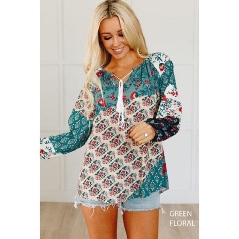 Boho Floral Multicolor Patchwork Print Blouse Womens Sz M Tassel Tie Long Sleeve